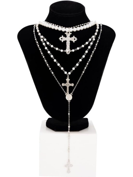 Silver Layered Cross Necklace Set For Women, 4Pcs Pearl Rosary Choker Chunky Chr - Picture 8 of 8